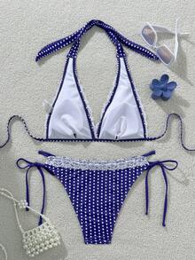 Swim Mod Conjunto de bikini con estampado de cuadros azules y encaje, traje de baño para playa y piscina en verano - Azul - Ver 3