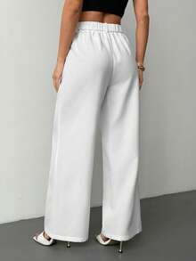 SHEIN PETITE 教师装女装灰色褶裥优雅长裤带口袋，秋冬灰色高腰阔腿裤宽松大码裤商务职业女装宽松阔腿裤秋季女装冬季女装外出下装 - 白色 - 查看 2