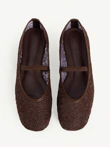 CUCCOO CHICEST Giày bệt nữ màu nâu cà phê lưới họa tiết hoa, mũi vuông, có quai chữ, thoải mái, mềm mại, đơn giản, phù hợp đi làm. - Cà phê nâu - Xem 8