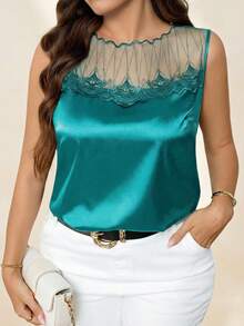 Chikora Plus Size Fashionable Elegant Mesh Patchwork Sleeveless Tank Top, Summer Tops - Green - View 1