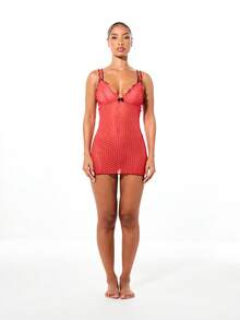 SUMWON WOMEN 红色波点迷你睡裙，荷叶边设计，黑色蝴蝶结装饰，无袖修身睡袍，夏季必备 - 紅色 - 查看 3