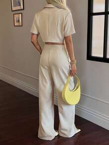 Livesso Women's Elegant Collared Short Sleeve Top And Casual Pants 2 Pieces Set, Summer - Apricot - View 2