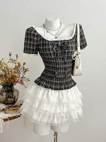 Elamini French Retro Lace Trim Square Collar Short Sleeve Women's Blouse, Ruched Waist, Cropped Length, Suitable For Work, Spring/Summer - Black and White - View 5