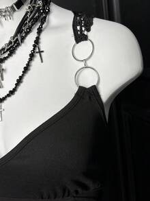 EgrlEra 女士哥特式圆形戒指细节蕾丝拼接吊带背心，夏季 - 黑色 - 查看 4