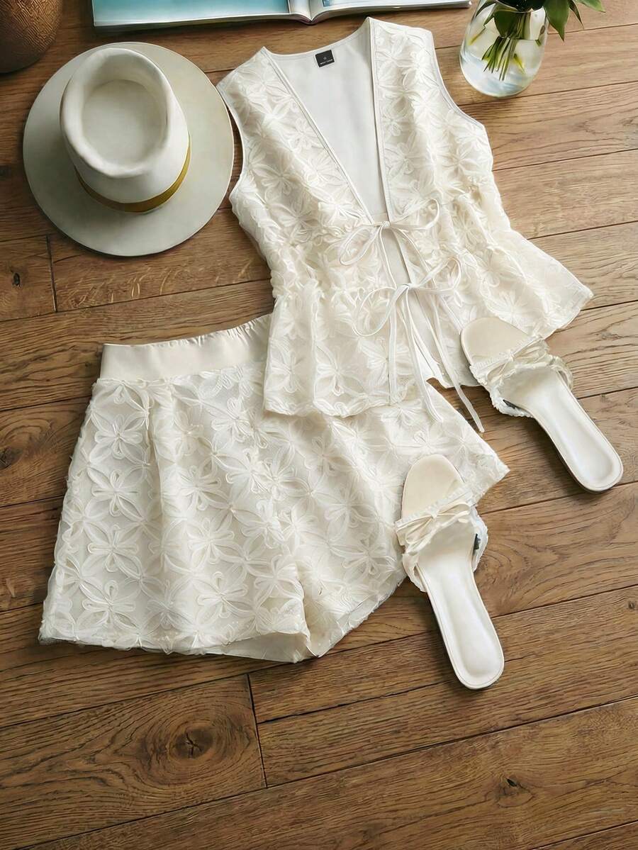 GlowEve 2pcs Jacquard Deep V-Neck Tie-Up Waist Elegant Top And Pants Set - Apricot - View 1