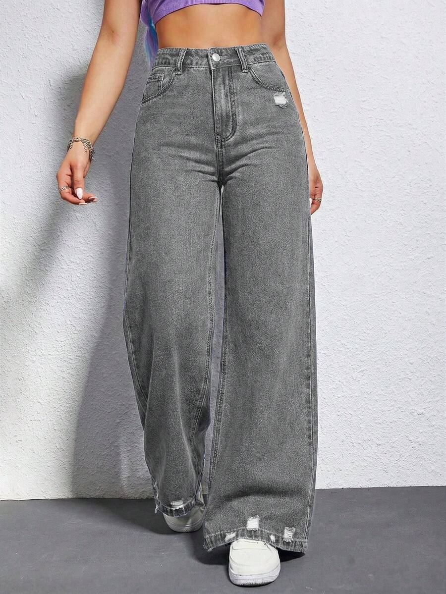 SHEIN EZwear 女士高腰口袋破洞阔腿宽松休闲牛仔裤 - 灰色 - 查看 1