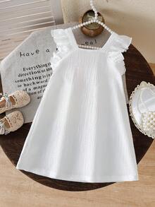 Genkimix Kids 少女无袖夏季连衣裙，方领白色荷叶袖连衣裙，宽松轻盈，自然温柔甜美优雅，适合各种夏季休闲场合，清新可爱。 - 白色 - 查看 2