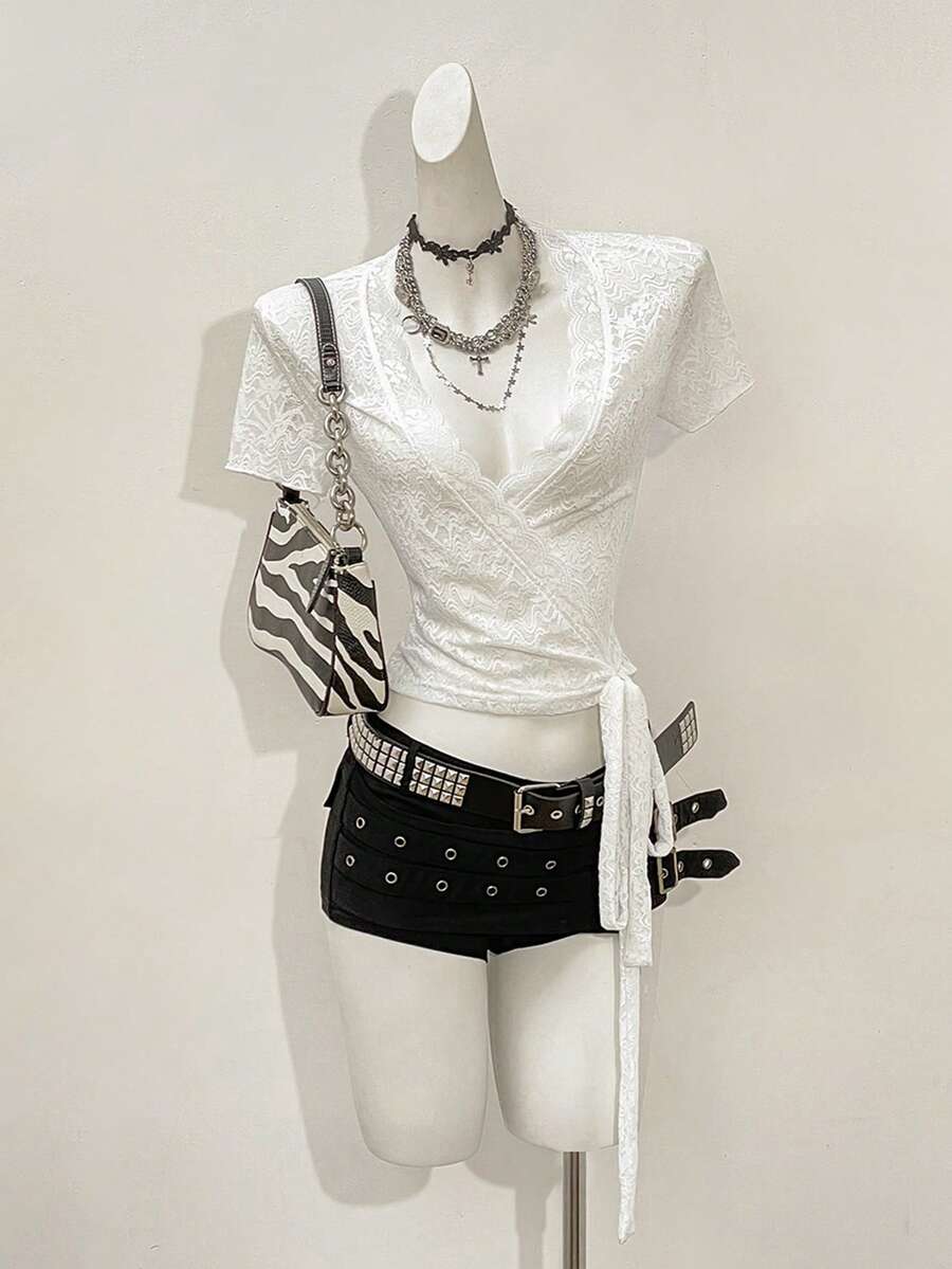 Jeanoix Women's Sexy Lace V-Neck Lace-Up Design T-Shirt - White - View 1