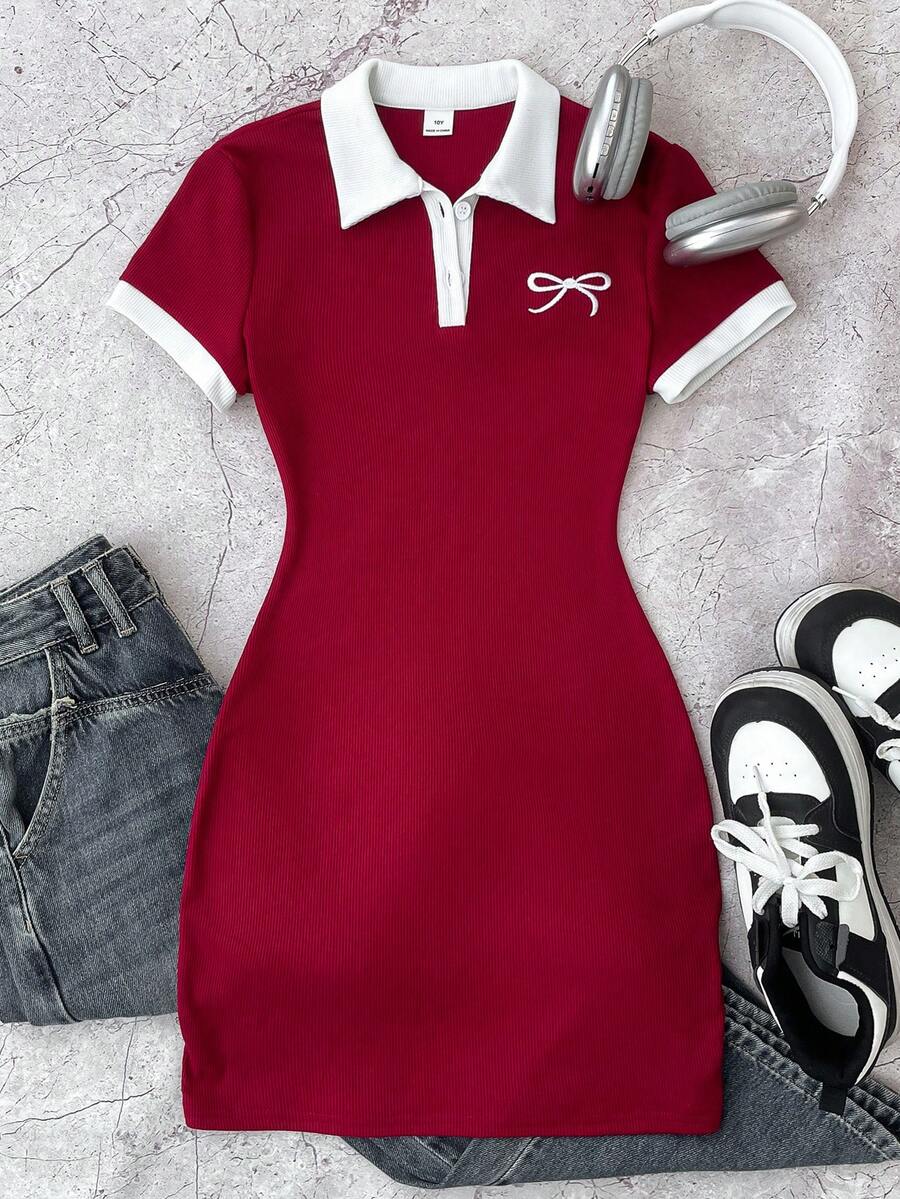SHEIN 少女红白休闲个性化撞色领罗纹针织纽扣修身连衣裙，夏季连衣裙，蝴蝶刺绣 - 紅白色 - 查看 1
