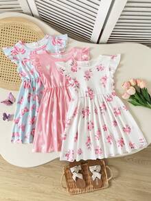 Playful Pals 3件套女童夏季碎花、爱心、蝴蝶印花荷叶边袖连衣裙套装，适合外出、休闲穿着、派对场合 - 彩色 - 查看 9