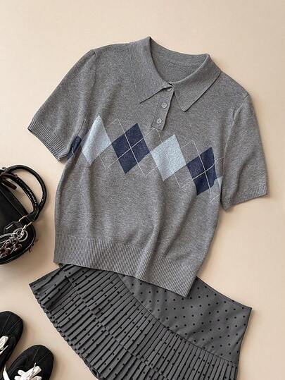 Muvela Spring/Summer New Gray Polo Collar Pullover Half-Placket Button Rhombus Pattern Sesame Yarn Crochet Short Sleeve Women Knit Top, Chic Elegant Carnival Party Charming Urban Commute Workplace Capable