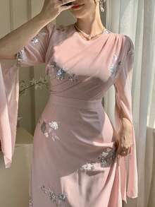 DAZY 女士优雅亮片花卉褶皱系腰中长连衣裙，春夏婚礼宾客礼服，女士长款连衣裙 - 粉色 - 查看 9
