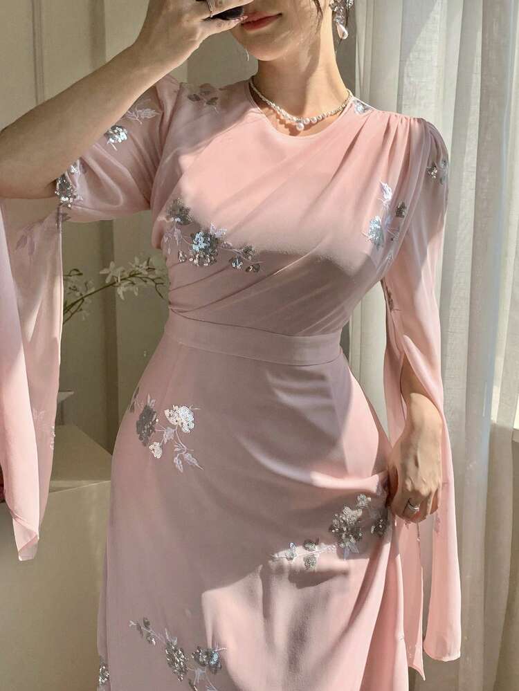 DAZY Women's Elegant Sequin Floral Pleated Tie-Waist Mid-Length Dress, Spring/Summer,Wedding Guest Dress Women Maxi Dress Sundress - Pink - View 9