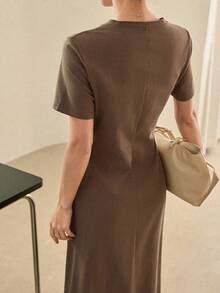 Dazy-Less 女士商务/休闲修身长裙，舒适中长款，春夏连衣裙 - 棕色 - 查看 5