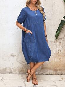 EMERY ROSE Women's Loose Everyday Denim Dress With Pockets - Medium Wash - View 4