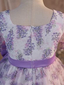 年轻女孩修身可爱度假风中长连衣裙，方领，泡泡袖，撞色蝴蝶结装饰。 - 紫色 - 查看 10