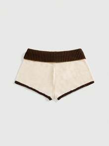 ROMWE Avant Bộ áo len và quần short nữ phong cách thể thao cổ điển, phối màu tương phản, thêu chữ, thích hợp cho mùa tựu trường. - Màu be - Xem 2