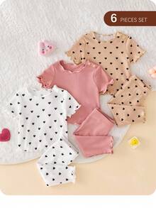 SHEIN 6件套 Dozemod 新生女婴可爱简约心形印花荷叶边下摆圆领短袖上衣和长裤针织睡衣套装 - 彩色 - 查看 1