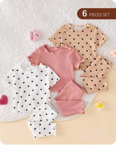 SHEIN 6pcs/Set Dozemod Newborn Baby Girl Adorable Minimalist Heart Print Ruffle Hem Round Neck Short Sleeve Top And Long Pants Knit Pajamas Set
