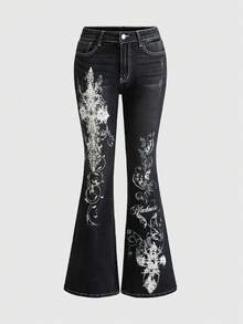 ROMWE Avant Quần jeans nữ ống loe cạp siêu thấp, in họa tiết dây leo, gai góc, phong cách retro Y2K. - màu đen - Xem 1