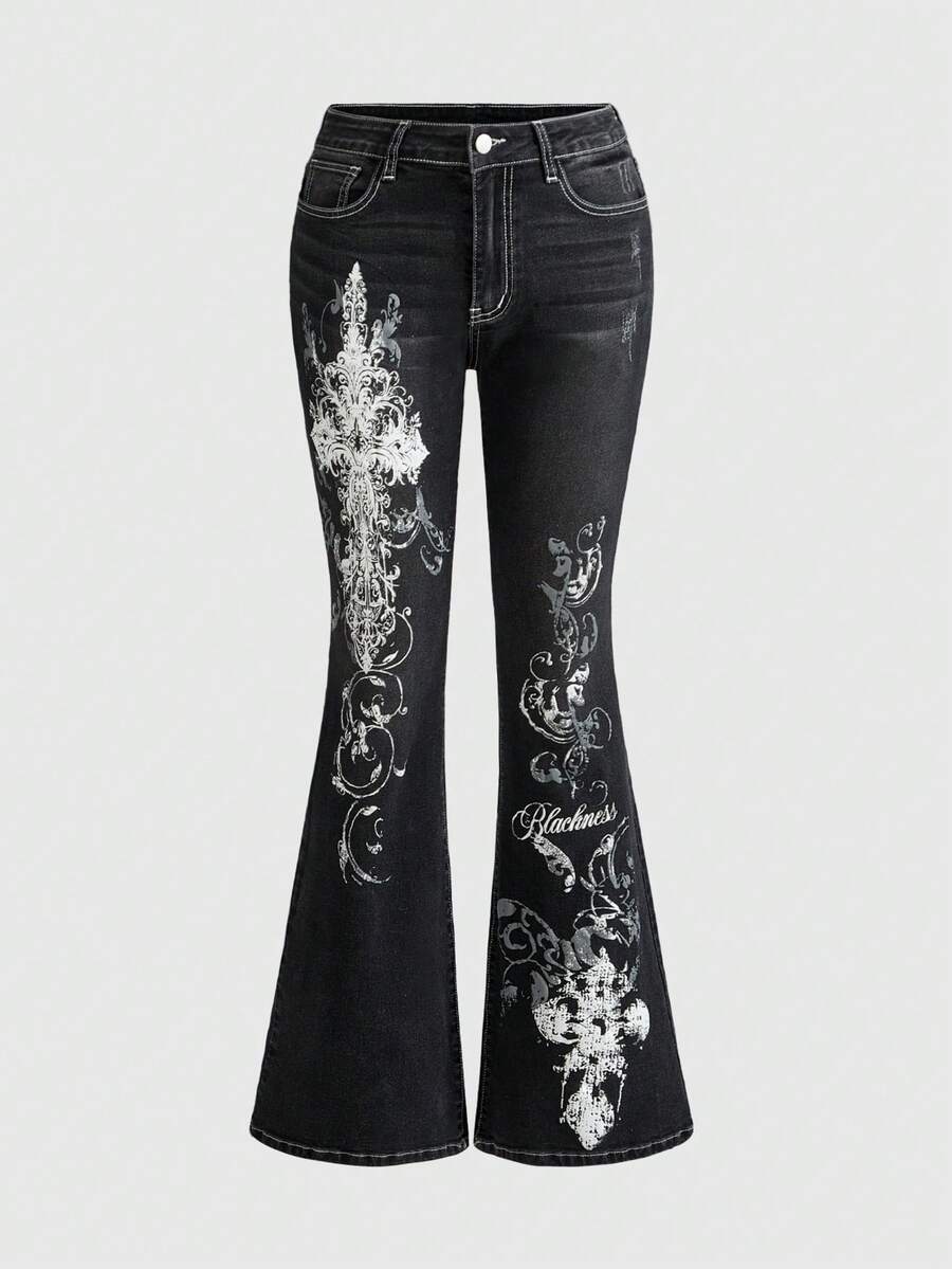 ROMWE Avant Quần jeans nữ ống loe cạp siêu thấp, in họa tiết dây leo, gai góc, phong cách retro Y2K. - màu đen - Xem 1