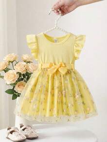 女婴优雅甜美浅黄色刺绣网纱连衣裙，搭配罗纹针织荷叶边荷叶袖上衣和腰带，适合休闲、度假、优雅场合、聚会等，可爱又时尚。 - 黃色 - 查看 10