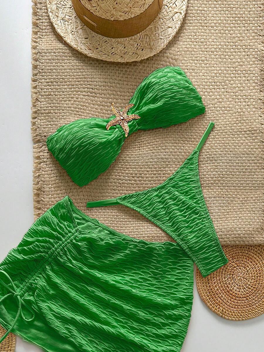 Swim Chiccia Conjunto de bikini sexy de 3 piezas con textura y diseño de estrella de mar sin tirantes - Verde - Ver 1