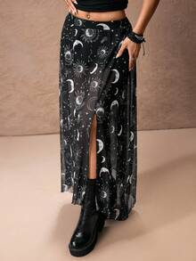 ROMWE PETITE 女士复古嬉皮女巫月亮星星印花高开衩不对称下摆半身裙 - 黑色 - 查看 7