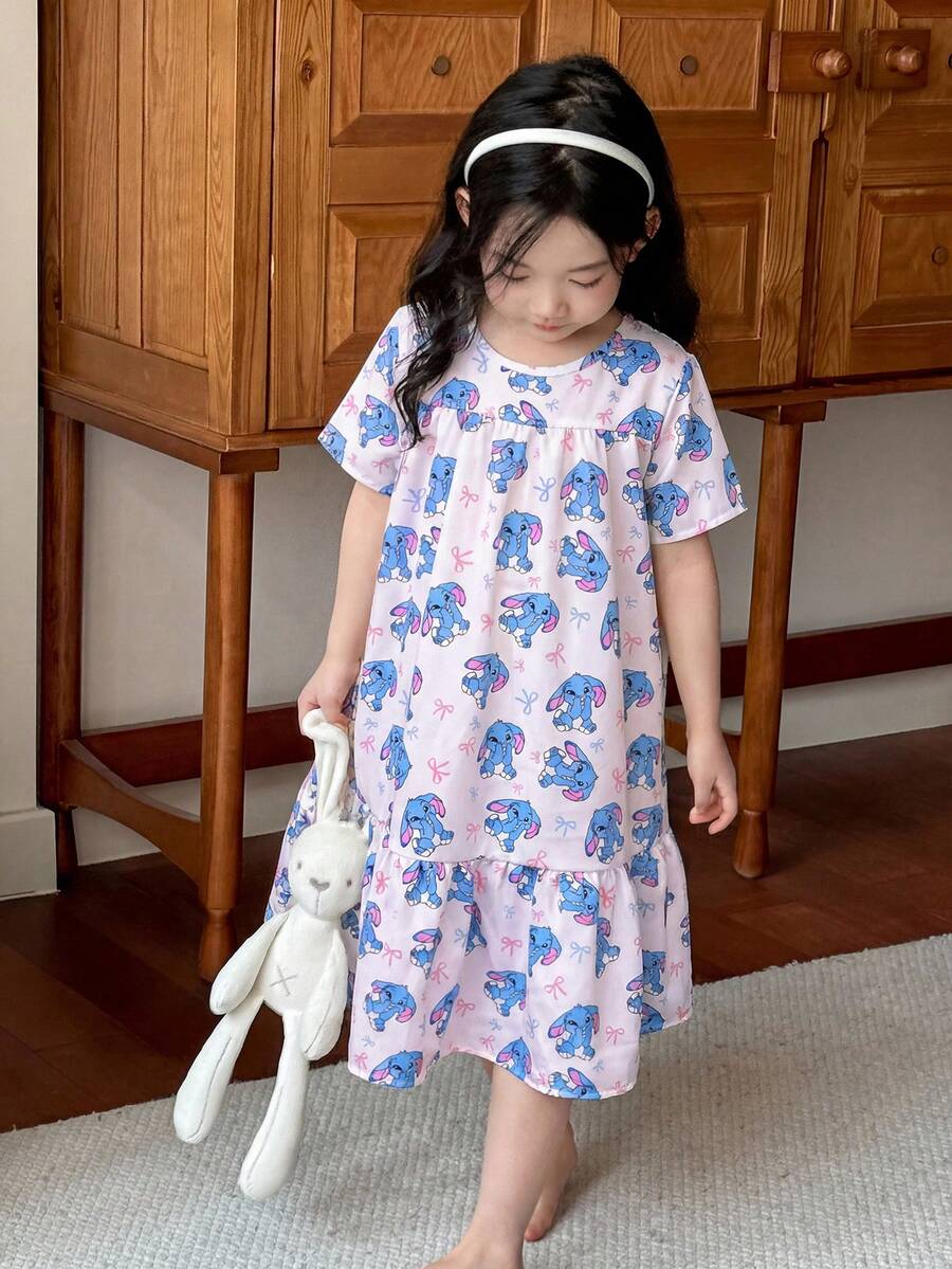SHEIN Young Girl Cute Cartoon Fox & Tiger Print Round Neck Loose Woven Nightgown,Kids - Pink - View 1