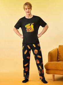 Conjunto de pijama de camiseta de manga corta de cuello redondo y pantalones con estampado de hamburguesa para hombre - Multicolor - Ver 3