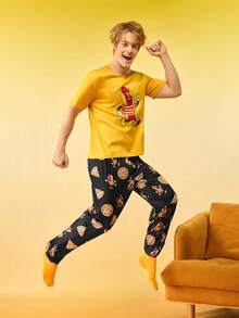 Conjunto de pijama para hombres con estampado de hamburguesa y papas fritas - Multicolor - Ver 3