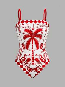 Swim Oasis 女士蓝白热带棕榈树印花连体泳衣，优雅休闲沙滩度假罩衫 - 紅色 - 查看 4