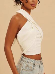 Travachic 女士纯色编织吊带露背吊带衫，春夏款 - 杏色 - 查看 4