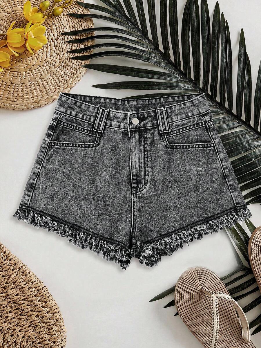SHEIN Essnce Women's Casual Frayed Hem Pockets Denim Shorts - Light Grey - View 1