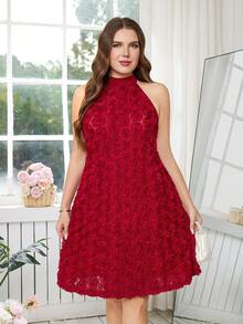 SHEIN Clasi 大码女士优雅花卉装饰吊带连衣裙 - 紅色 - 查看 6
