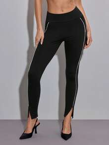 SHEIN ICON 女士休闲/办公通勤撞色滚边开衩修身打底裤 - 黑色 - 查看 8