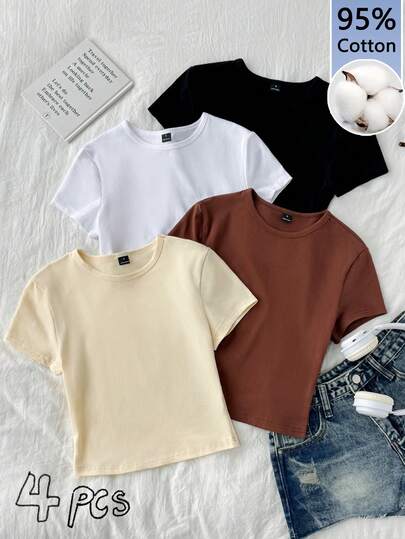 Tseoso 4pcs Set Women Crew Neck Short Sleeve Fitted T-Shirts, Suitable For Summer Suitable For Going Out, Black, White, Brown, Cream Yellow, 95% Cotton, Vintage, Cute Summer Tops, Softgirl, Summer Outing Items, Home, Back To School, Fall Women Clothes, Versatile, Club, Party Crop Tops Women Basic Crop Tops 4 Pack Crop Tops Tight Fitting Crop Tops Women Basic Tees