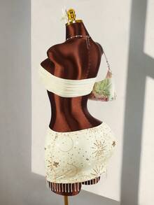 Amplova Vacation Beach Strapless Ruched Mesh Top & Low Waist Sequin Fringe Hem Skirt 2-Piece Set For Women - Light Yellow - View 12