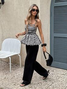 Serisse Gingham Square Neck Peplum Tank Top – Women's Sleeveless Plaid Camisole Summer  Cami  Women's Casual Plaid Camisole Top For Summer,Summer ,Spring,Festival,Party , Birthday,Beach,Vacation,Casual,Wedding,Graduation, Going Out, Elegant, - Apricot - View 3