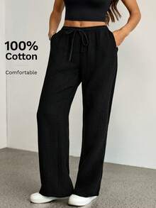 SHEIN Tall Quần ống rộng dáng suông, màu trơn, thắt eo, chất liệu 100% cotton, thích hợp mặc thường ngày, dành cho nữ. - màu đen - Xem 3