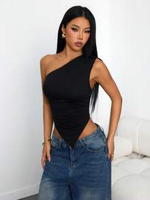 SHEIN PETITE 3pcs Women's Vacation Casual Asymmetric Hem Asymmetrical Shoulder Top, Summer 2 Pieces Set, Suitable For Back To School, Afternoon Tea, Casual, Beach Wedding Guest, Graduation Brunch, St. Patrick's Day, Spring Break, Easter, Music Festival, Elegant Boho Tropical, Brown, Black, Apricot - Multicolor - View 6