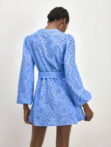 Maija Women's Hollow Embroidery Lantern Sleeve V-Neck Casual Short Dress - Blue - View 2