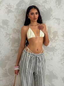 Glamine 女士条纹亚麻裤，休闲沙滩度假乡村宽松阔腿裤，优雅自然，夏季 - 綠色 - 查看 6