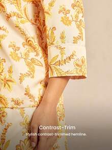 LUVLETTE Tropicoqueta Luxury Lounge Sleepwear Elegant Yellow & Gold Floral Pajama Set - Soft Satin Long-Sleeve Top & Pants With Trim Luxury Lounge Sleepwear - Yellow - View 5