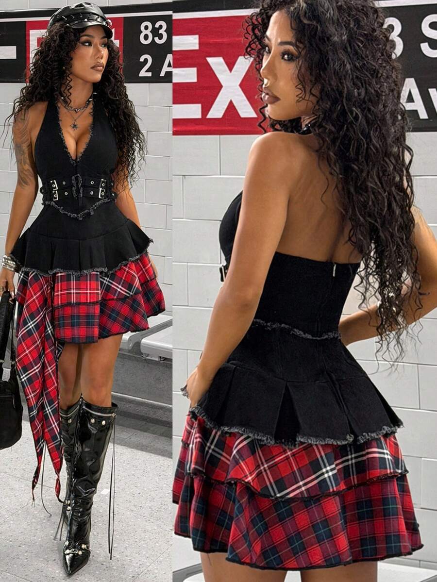 StreetHx Vestido de mezclilla con escote halter sin espalda, estampado de cuadros y parches, de moda para mujer en verano - Negro - Ver 1