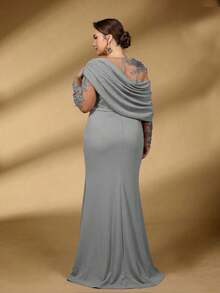 Serin 大码优雅浪漫奢华灰色弹力针织撞色网纱不对称荷叶边修身鱼尾裙，适合晚宴、约会、舞会、度假、婚礼、新娘母亲礼服 - 灰色 - 查看 2