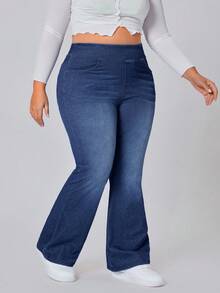 SHEIN CURVE+ Plus Size Women Casual Elastic Flare Leg Jeans - Dark Wash - View 3