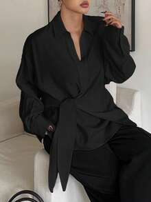 Livesso Curve Plus Size Women White Turndown Collar Half-Placket Drawstring Hem Long Sleeve Shirt, Spring & Autumn Summer - Black - View 3