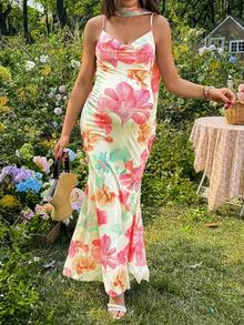 SHEIN 孕妇碎花垂褶修身夏季吊带连衣裙 - 彩色 - 查看 3