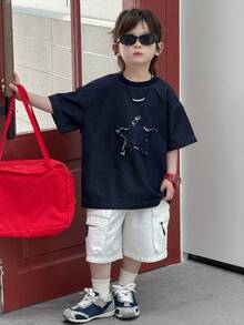 Dazy Kids 男童宽松休闲牛仔T恤，星形图案，夏季 - 深色水洗藍 - 查看 5